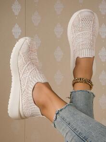 Women's Breathable Mesh Lightweight Casual Shoes, Versatile Slip-On Athletic Outdoor Running Sneakers For All Seasons - Beige - View 3