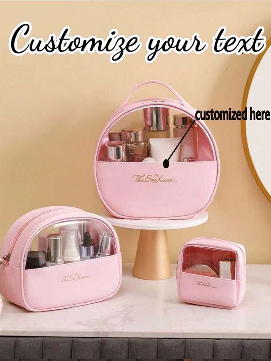 3pcs Customizable Waterproof Makeup Bag, Travel Toiletry Organizer, Large Capacity Cosmetic Storage Bag, Multi-Function Handbag, Unique And Personalized Gift (Name, Illustration, Text) - Multicolor - View 1