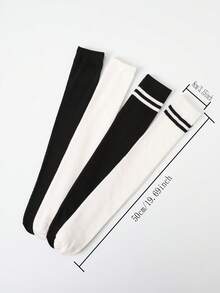 2 Pairs Girls Simple School Style Versatile Over-The-Knee Long Socks - Black and White - View 2