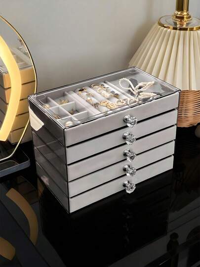 1 pieza, caja de joyería de estilo cajón con 7 compartimientos y 5 capas de terciopelo, caja de anillos, organizador de joyería tipo cajón de 3 capas con forro de franela acrílica, caja de almacenamiento para collares, aretes y anillos, regalo para mujeres y niñas, organizador de almacenamiento de verano, regalo de vuelta a la escuela