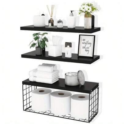 3pcs-Wooden Floating Storage Rack, Wall-Mounted Bathroom Storage Rack With Paper Towel Basket, Toilet Paper Iron Storage Basket, Home Organization And Storage Supplies, Bathroom Accessories - Country Home Decor - Bathroom Decor