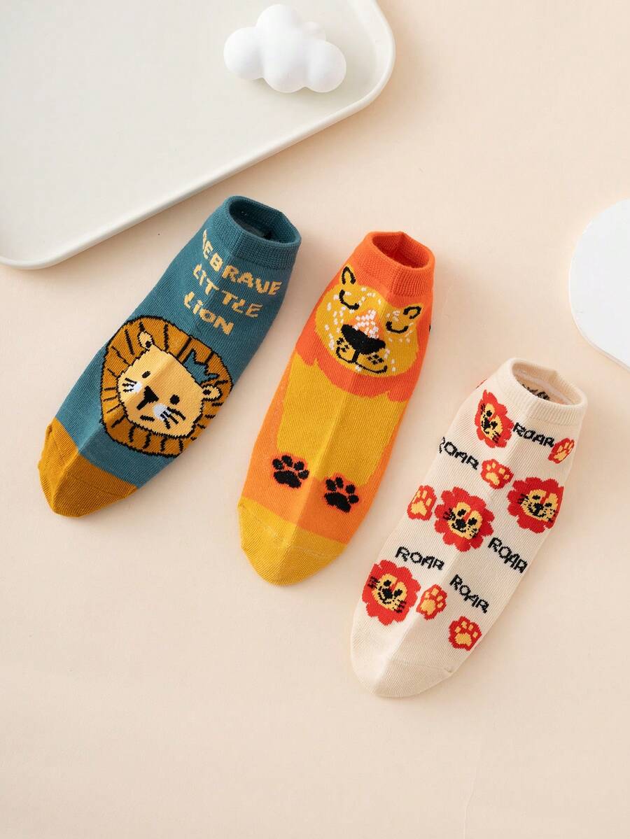 3 Pairs Cartoon Lion Pattern Children's Socks, Colorful Jacquard Knit Design, Breathable & Durable, Comfortable For All Seasons, European Size, Suitable For Everyday Wear - Multicolor - View 1