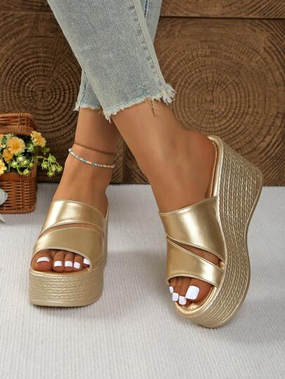 Women's Platform Wedge Sandals, Slip-On Open Toe Chunky Sole Shoes, Casual High Heel Summer Fashion Outdoor Wear, Double Strap Sandals