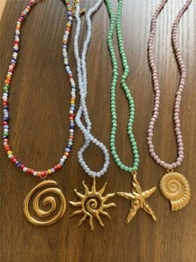 Colorful Beaded Necklace With Starfish And Shell Pendant, Stainless Steel Spring Ring Choker, Spring/Summer