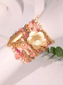 11pcs Pink Glass Crystal & Golden Pearl Beaded Bracelet With Flower, Heart Pendant, Romantic & Sweet Bohemian Style, Suitable As Gift For Women