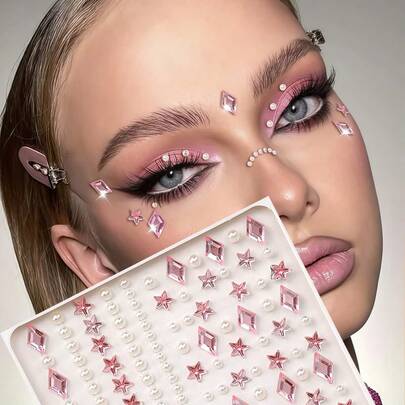 3D立体粉色星形菱形亮片珍珠脸部装饰贴片，适用于音乐节、嘉年华、情人节、Y2K派对、日常装饰、化妆派对、舞会等场合，可用于头发、眼睛、脸部、身体装饰。