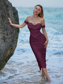 CurvySweet Off-Shoulder Sleeves Strapless Sweetheart Ruched Bodycon Sexy Bustier Midi Mesh Dress With Built-In Bra - Burgundy - View 10