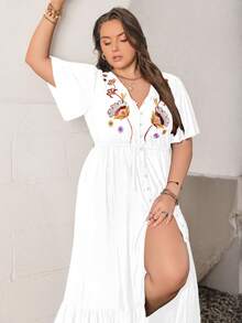 Rusttydustty Boho-Stil Damen Große Größen Schwarzes Kleid mit V-Ausschnitt, Kurzarm, Stickerei, Strandkleid für Musikfestivals am Meer, Strandoutfits für tropischen Urlaub, Ostern - Weiss - Übersicht 8