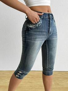 Blugi vintage 3/4 cu broderie elastică și mărgele, minimalisti și la modă, personalizați, esențiali pentru ieșiri, acasă și vacanță. - Albastru deschis - Vizualizare 2