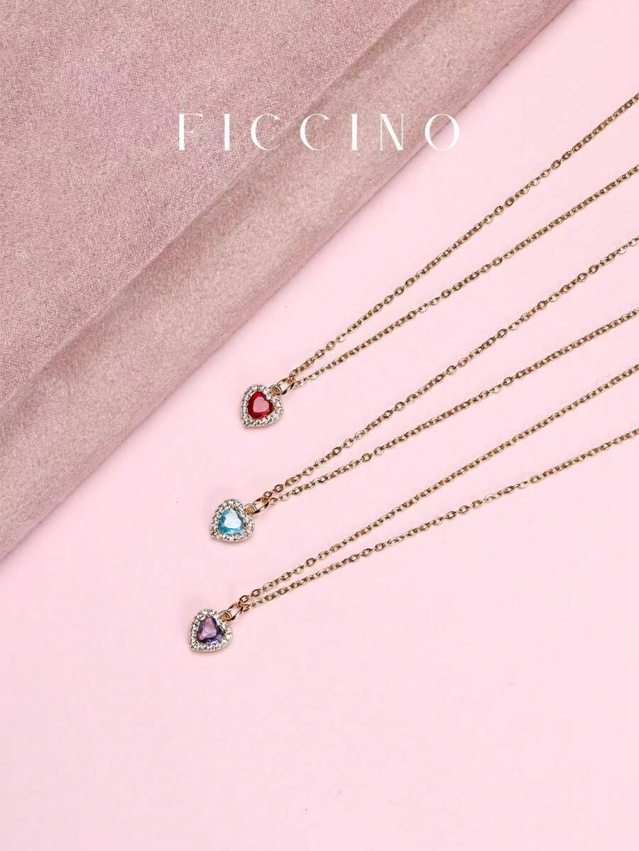 FICCINO 彩色心形方晶锆石镀金钛钢可调节长度项链，适合女孩，可爱迷人的项链，配有礼盒，非常适合送给女朋友和闺蜜 - 146n - 查看 1