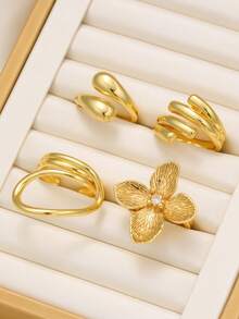 Elegant Exaggerated Vintage Curved Water Drop Flower Stainless Steel Ring Set For Women, Suitable For Daily Wear, Multi-Finger Stacking And Couples Gift - Yellow Gold - View 1