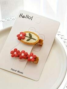 1set/2pcs Embroidered Small Flower Hair Clip, Hair Accessory For Little Girls - Multicolor - View 5