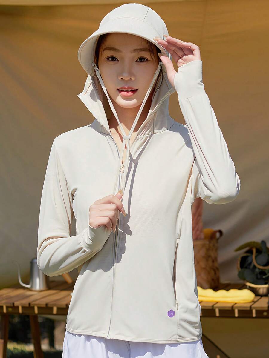 女士防晒防紫外线夹克轻便户外休闲长袖连帽夹克防晒防紫外线全拉链上衣 - 杏色 - 查看 1
