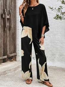 Set de 2 piezas para mujer: top casual de verano con borde asimétrico y pantalones con estampado floral