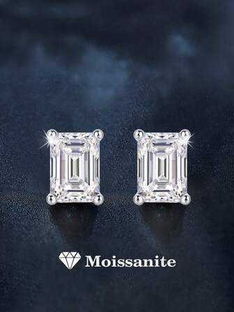 2 piezas Elegantes Pendientes tipo botón cuadrados de 925 plata con moissanita talla esmeralda de 2 quilates, adecuados para uso diario, fiestas y vacaciones, regalo unisex de joyería para el Día de la Madre, Aniversario de Boda, Cumpleaños