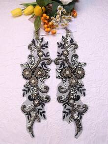 Available In Multiple Sizes, Mesh Base Fabric With Embroidery, Rhinestones, Sequins, Beads, Appliques, Used For Garment Accessories, Repair, Wedding Dress Decorations, DIY Embroidery Crafts - Black + Gold - View 2