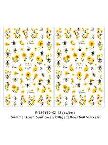2 件套卡通可爱向日葵、勤劳蜜蜂、蝴蝶美甲贴纸，一次性粘性自粘，适合女士和女孩的装饰，春夏秋 - 彩色 - 查看 4