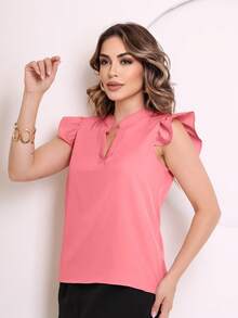 MARILYN MONNA New Women's Solid Color Classic V-Neck Ruffle Elegant Notched Neck Sleeve Blouse - 西瓜粉 - 查看 3