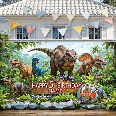 1pc Personalized Portrait, Name, Age Birthday Party Banner, Polyester, Dinosaur Era Forest Tyrannosaurus Rex Pattern Photography Backdrop, Customized Happy Birthday Banner, Suitable For Cake Table, Home, Outdoor, Yard Decor, 3 Size Options,Graphic Print