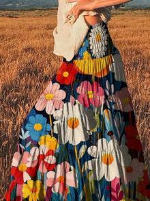 大码女士优雅印花多层长裙，适合新年派对，收腰设计，印花图案，复古风格，适合春、夏、秋季穿着。 - 紅色 - 查看 2