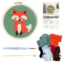 1 Set Fox Animals Pattern Punch Needle Embroidery Kits, Diy Tools For Beginners For Rug Hooking Diy Crafts Home Decoration, 7.87*7.87inch - Multicolor - View 1
