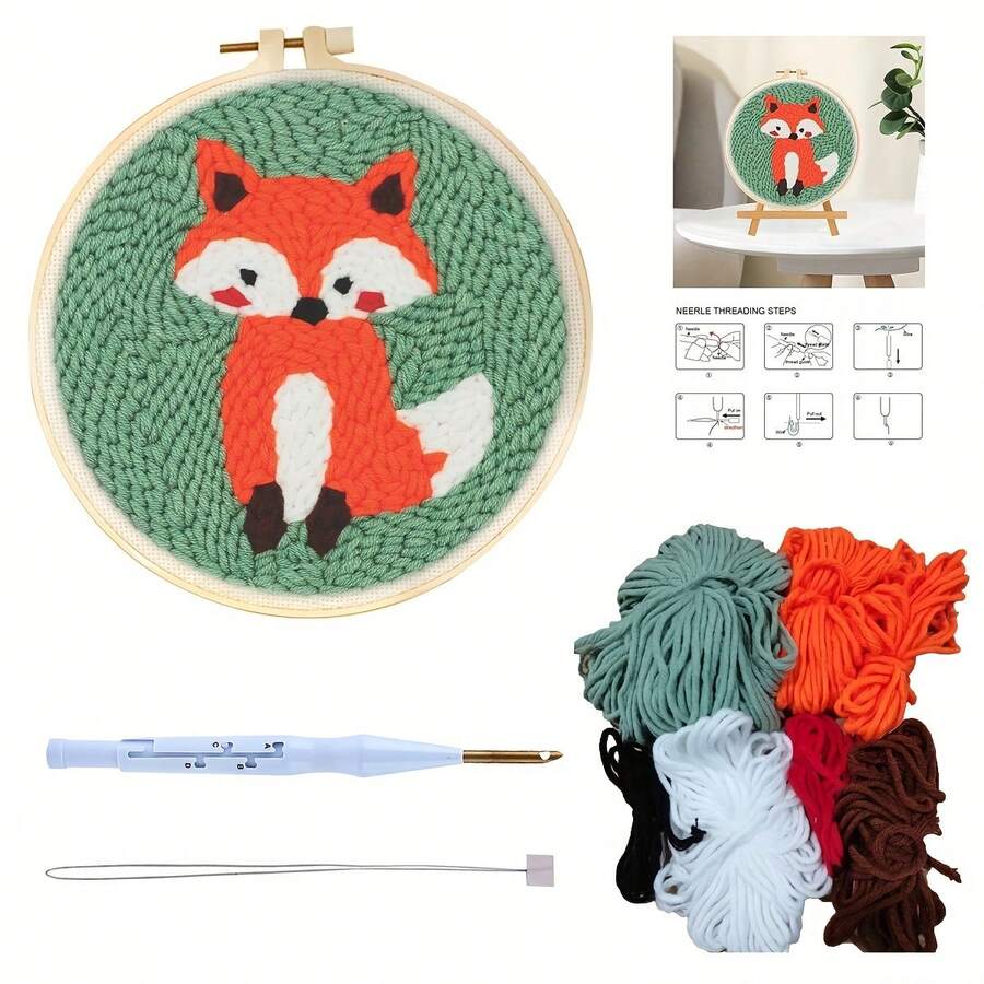 1 Set Fox Animals Pattern Punch Needle Embroidery Kits, Diy Tools For Beginners For Rug Hooking Diy Crafts Home Decoration, 7.87*7.87inch - Multicolor - View 1