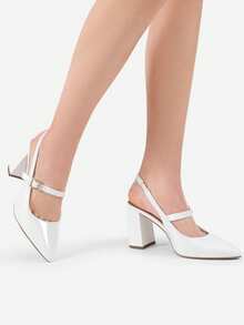 Women's White Chunky Heels Slingback Pumps Pointed Toe  Slip-On Fashionable Elegant Simple Basic Party Casual Dress Shoes - 白色 - 查看 2