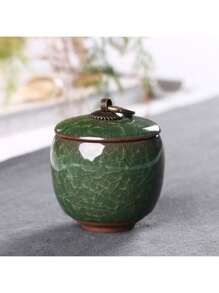 1pc Small Size Ceramic Crackle Glaze Purple Clay Mini Tea Canister, Air-Tight Seal Small Green Spice Jar, Plaster Storage Canister For Coffee Beans Back To School