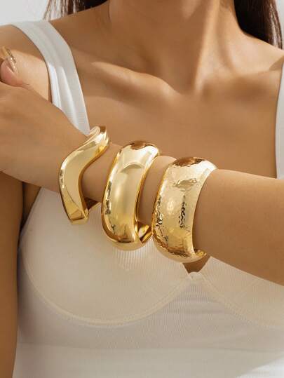 3pcs Luxury Gold Geometric Wave Pattern Smooth Round Bangle Set, Thick Minimalist Metal And Zinc Alloy Material Bracelet Set Suitable For Women, Fit For Evening, Date, Party, Holiday Gift