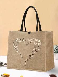 2 Pieces Pink Butterfly Print Tote Bag Set, Jute With Stylish Pattern, Including Handy Coin Purse, Perfect For Shopping, Travel & Beach Adventures,Multifunctional Women's Bag, Suitable For Daily, Travel, Shopping, Work, Gift Giving - Khaki - View 6