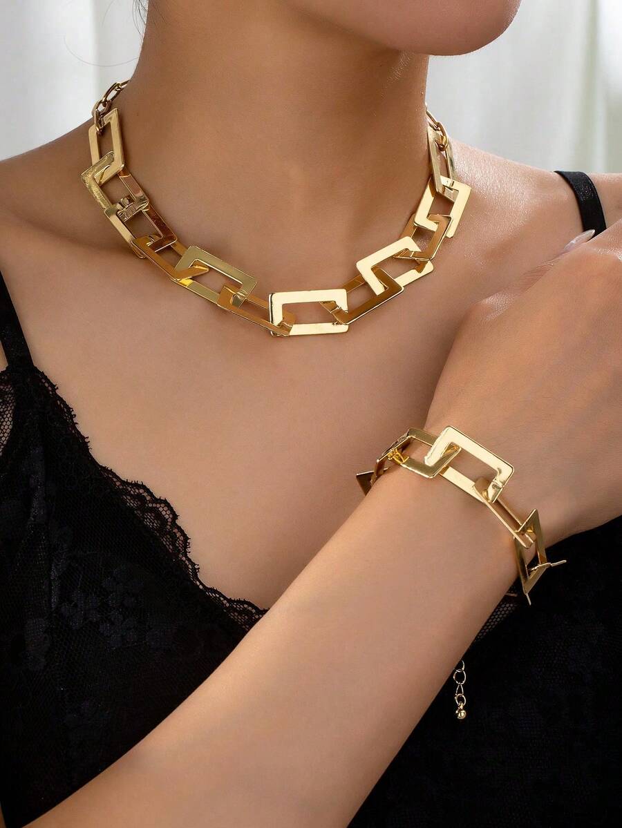 1 Set Simple Stylish Geometric Necklace And Chain Bracelet Jewelry Set For Women - Yellow Gold - View 1
