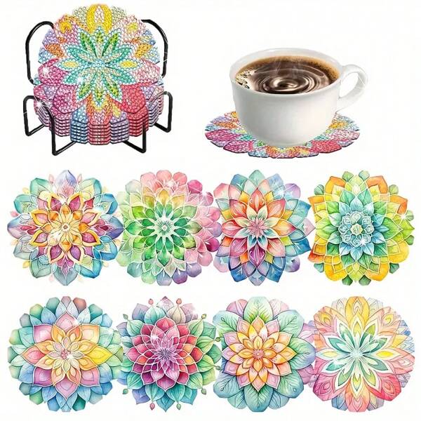8pcs/Set DIY Diamond Painting Coasters, Colorful Plant Patterns, Drink Holders With Stands, Non-Slip, Handmade Gift, Mosaic Making