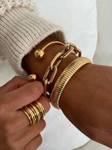 3 pièces Bracelets dorés pour femmes, bracelets larges empilables en métal à plusieurs couches, bracelets bracelets souples et larges. Ensemble de 3 bijoux, cadeaux pour la famille et les amis, cadeaux de la fête des mères
