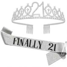 21st Birthday Sash & Rhinestone Tiara Set, 21st Year Old Birthday Gifts For Her Party Supplies Decorations For Women (Glitter Silver&Glitter Golden&Glitter Rose Golden)