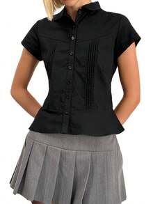 Women's Summer Slim Fit Shirt Solid Color Short Sleeve Lapel Button Down Pleated Tops - Black - View 1