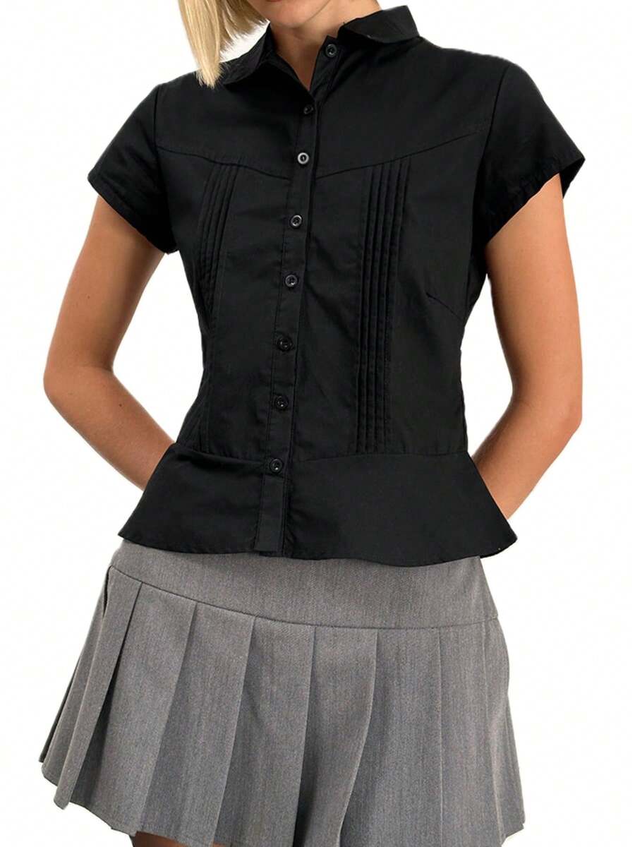 Women's Summer Slim Fit Shirt Solid Color Short Sleeve Lapel Button Down Pleated Tops - Black - View 1