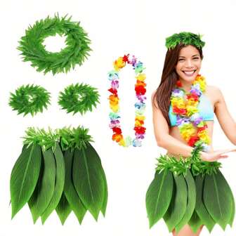 4 件夏威夷叶草裙和花环套装包括热带头带蕨叶腕带绿草草裙花环适用于夏威夷服装卢奥派对用品成人女士