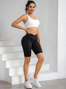 3 piezas Pantalones cortos de yoga de cintura alta con bolsillos, tela transpirable, pantalones cortos deportivos de compresión con efecto levantamiento de glúteos para mujeres - Ropa deportiva de estilo deportivo para gimnasio