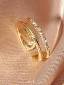1pc Adjustable Double Layer Women Ring With Sparkling Crystal Design, Fashionable & Unique - Yellow Gold - View 1