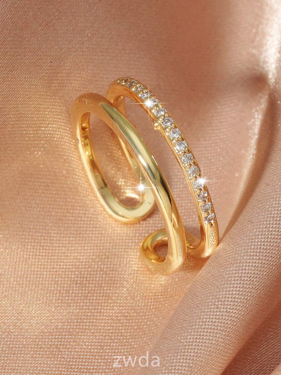 1pc Adjustable Double Layer Women Ring With Sparkling Crystal Design, Fashionable & Unique - Yellow Gold - View 1