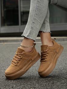 Women's Minimalist Brown Patchwork Detail Front Tie Skateboard Shoes, Round Toe Platform Comfortable Casual Sneakers