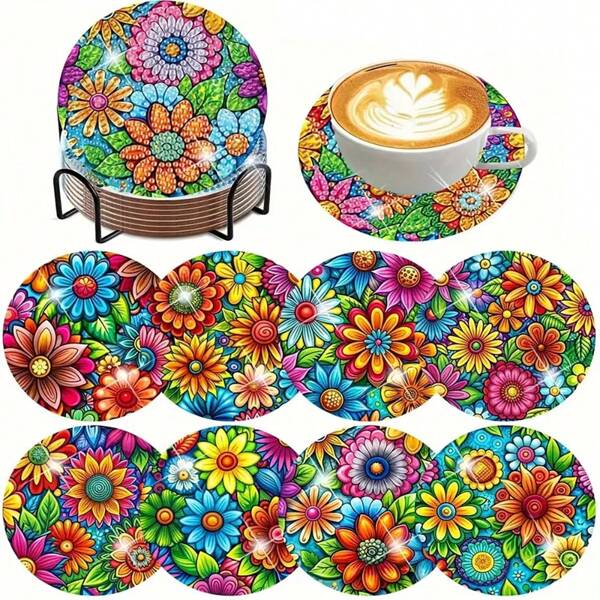 8pcs/Set DIY Diamond Painting Coasters, Plant & Flower Patterns, Drink Coasters With Holders, Anti-Slip, Handmade Gifts, Mosaic Crafts
