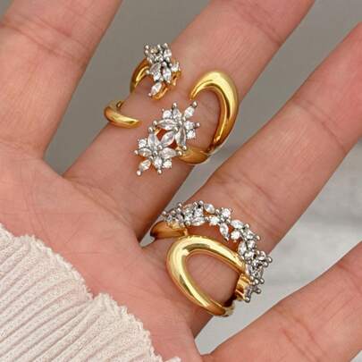 2-Tone Geometric Open Ring, Copper Inlaid CZ, Fashion & Unique Ring Jewelry For Women, Suitable For Daily Wear/Holiday Gift