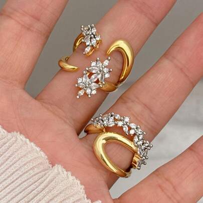 双色几何开口戒指，铜镶嵌 CZ，时尚独特的女士戒指首饰，适合日常佩戴/节日礼物