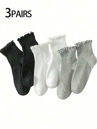 3 Pairs Women Crew Socks, White, Black, Grey With Ruffle Trim, Fashionable Daily Wear, Soft & Comfortable, Moisture Wicking, Summer