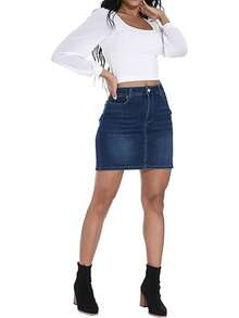 女式前扣口袋简约休闲优雅通勤猫须牛仔迷你裙 - 藍色 - 查看 7