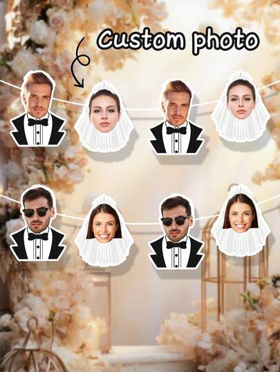 7/14/21pc Customized Bride And Groom Photo Face Banners, Personalized Customize Wedding Party Banner Decorations, Customized Groom And Bride Face Photo Patterns, Bride Shower Couple Shower Bachelor Party Decorations