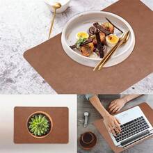 Juego de manteles individuales de piel sintética de 1/4/6 Uds., resistentes al calor, antideslizantes, impermeables, de doble cara, manteles individuales de PU para cocina y comedor - Marrón - Ver 3