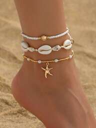 Set de 3 piezas Tobillera de cuerda trenzada con conchas y estrellas de mar de estilo bohemio para playa y vacaciones de verano, con cuentas de perla y colgante de aleación, adecuado para usar de forma casual, en la playa, citas