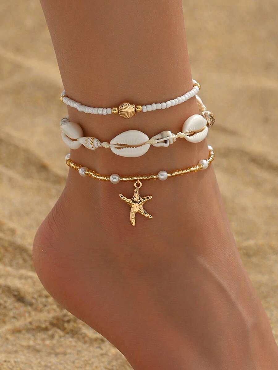 3 件套夏季海滩度假贝壳和海星编织绳脚链，波西米亚风格串珠珍珠合金吊坠脚饰，适合休闲装、海滩、约会 - 彩色 - 查看 1